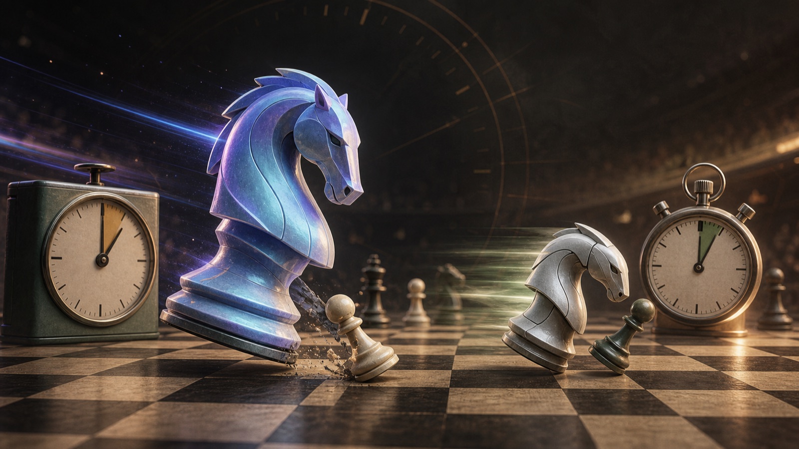 Two futuristic chess knights race across a tournament board between a chess clock and a stopwatch.