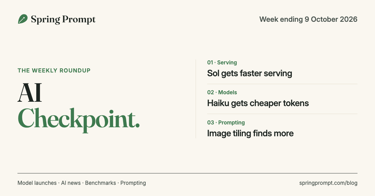 AI Checkpoint, week ending 9 October 2026: Sol gets faster serving, Haiku gets cheaper tokens, and image tiling finds more targets.