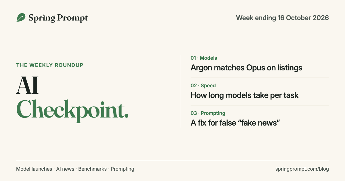 AI Checkpoint, week ending 16 October 2026: Argon matches Opus on listings, the fastest models that still score, and three sentences that stop false "fake news" calls.