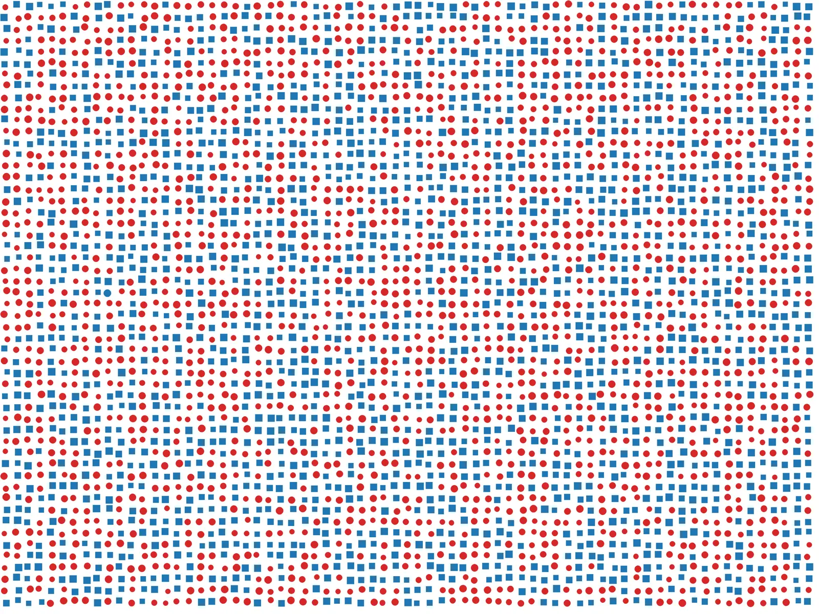 Our synthetic search scene: thousands of red circles and blue squares, with one blue circle. An amber rectangle marks the crop shown next.
