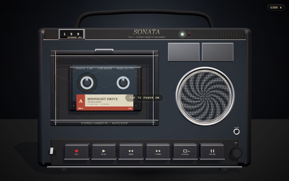 A three.js cassette recorder by DeepSeek-V4.1-Flash-1017, with a labelled tape in the deck, piano keys and a speaker grille.