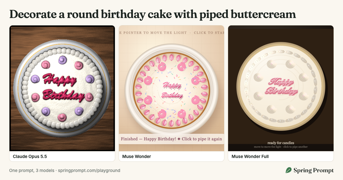 The answers to “Decorate a round birthday cake with piped buttercream”, side by side