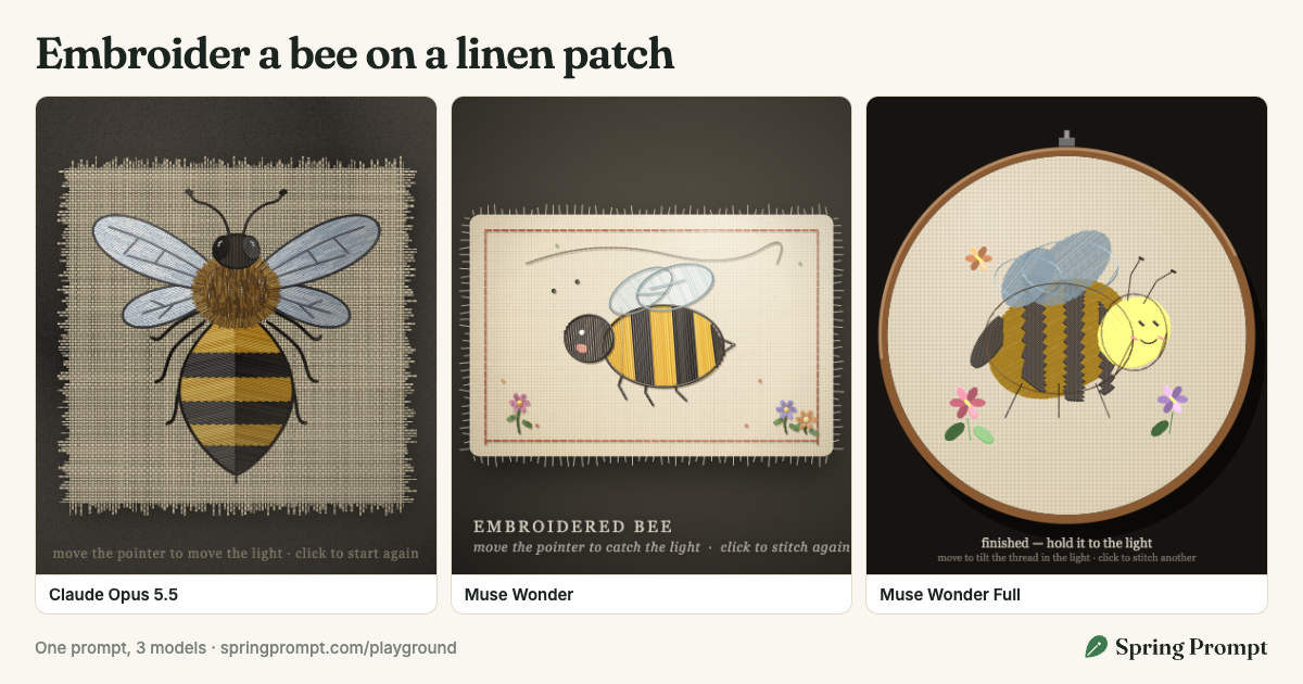 The answers to “Embroider a bee on a linen patch”, side by side