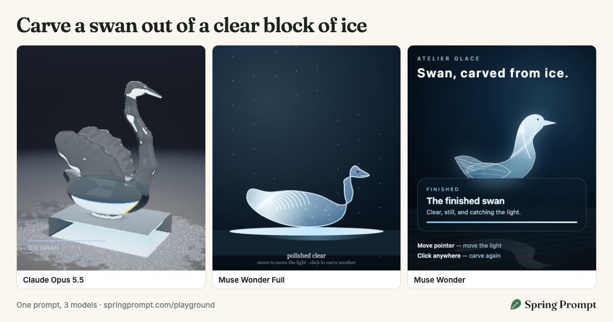 The answers to “Carve a swan out of a clear block of ice”, side by side