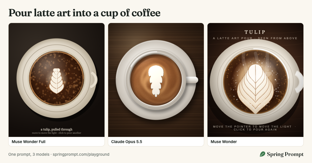 The answers to “Pour latte art into a cup of coffee”, side by side
